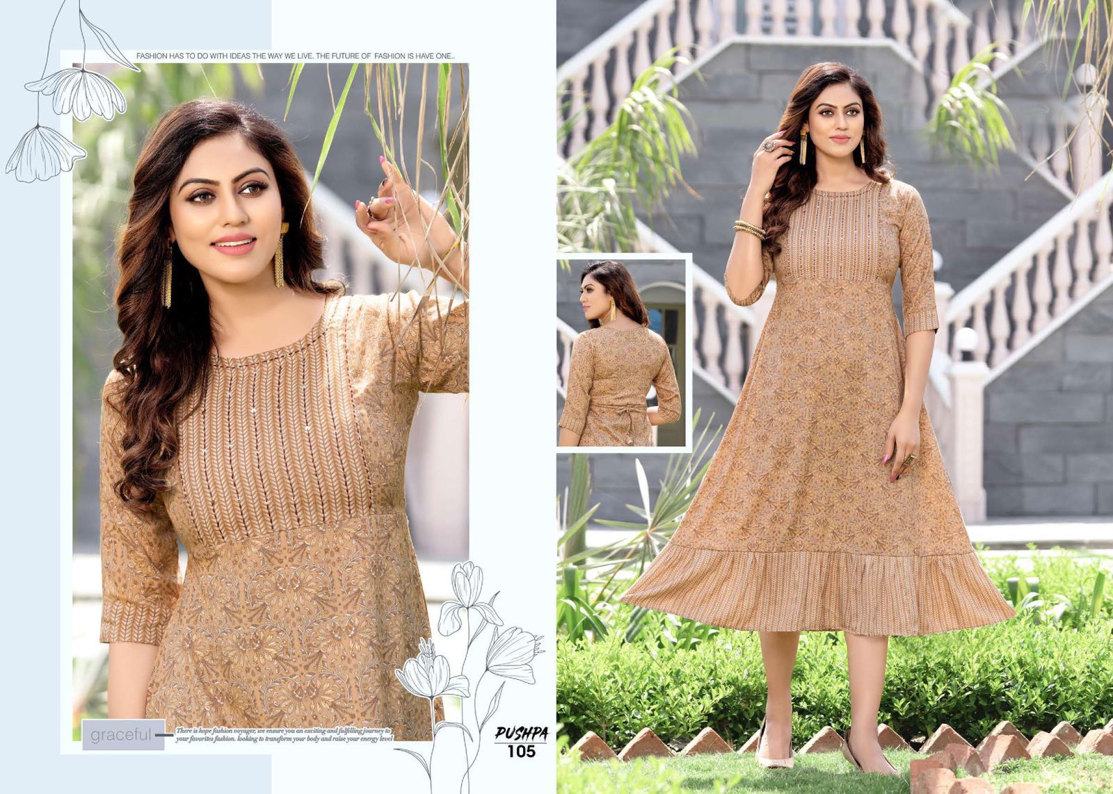 Golden Pushpa 101 Ethnic Wear Anarkali Kurti Collection